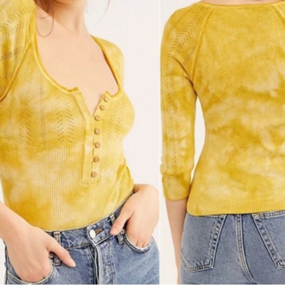 Free People Yellow Tie-Dye Button Front Knit Top
